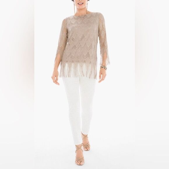 Chico’s Gold Metallic Scalloped Fringe Trim Dressy Top - Picture 3 of 11